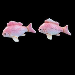 Vintage Pink Koi Fish Salt & Pepper Shakers Porcelain No Plug Tropical Sea Japan
